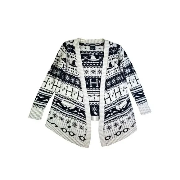 HARRY POTTER Gray Black Fair Isle Cardigan Sweater Small Medium Knit Hot Topic - Picture 1 of 6